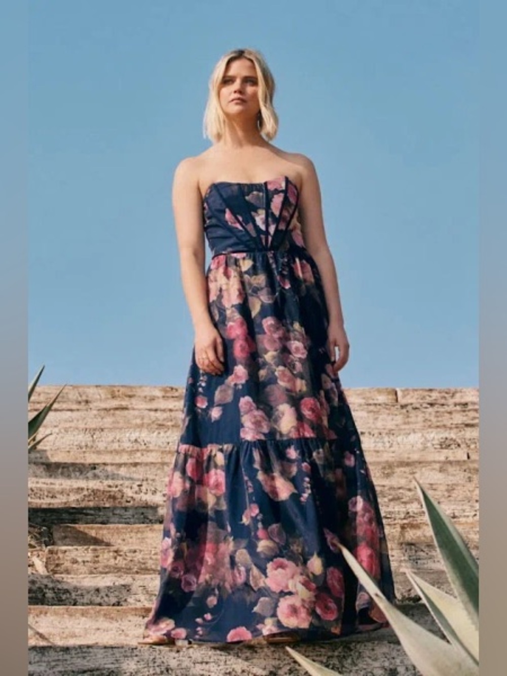 Lulus Roane Navy Floral Organza Bustier Maxi Dress Size M NWT - Picture 5 of 12